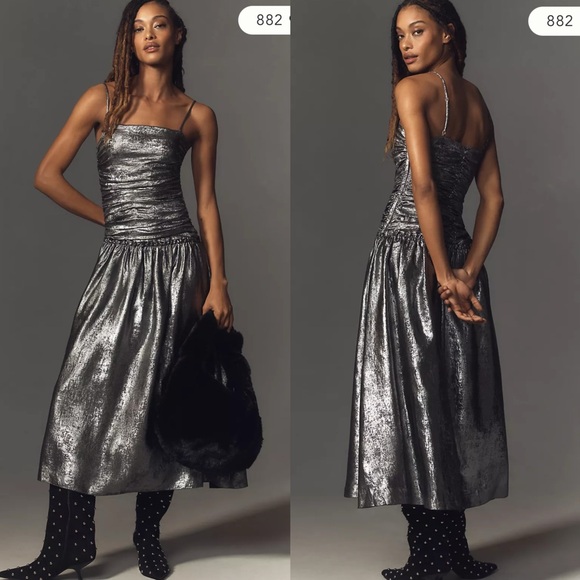 Anthropologie Dresses & Skirts - La Maise Studio Ruched Drop-Waist Foil Midi Dress